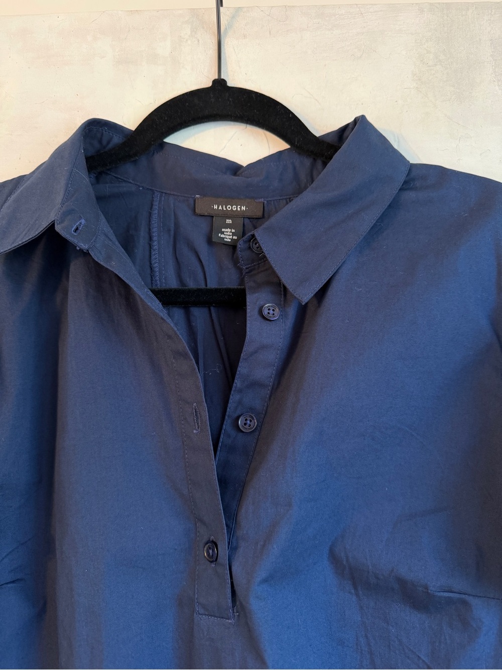 Halogen Navy Puff Sleeve 100% Cotton Shirt Dress Collared Mini with pockets - Picture 2 of 6